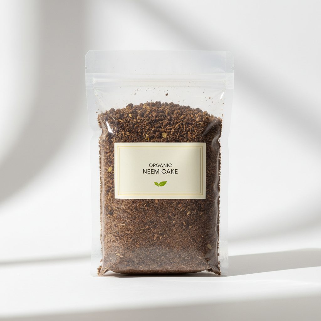 Organic neem cake powder in transparent resealable pouch
