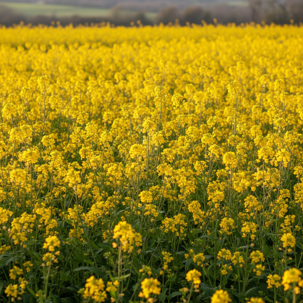 Tall bright green mustard plants covered in vibrant golden yellow flowers in an open garden in natural sunlight