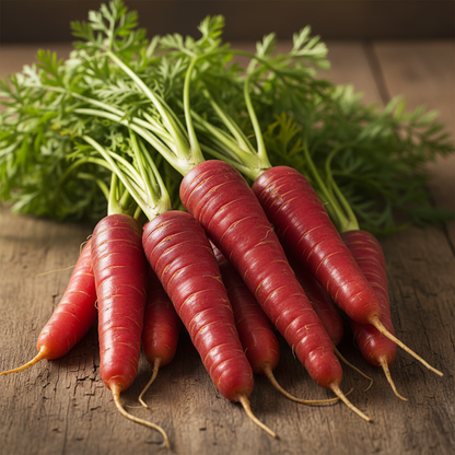 Vibrant deep red Indian desi carrots with green feathery tops on rustic wooden surface