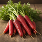 Vibrant deep red Indian desi carrots with green feathery tops on rustic wooden surface