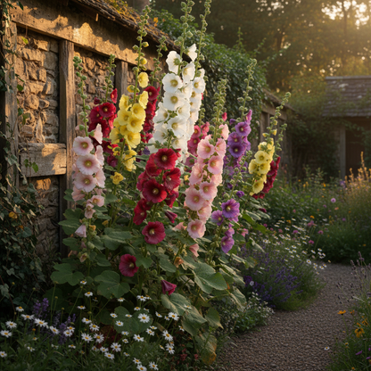 Hollyhock Mixed Color Plant with Tall Bloom Spikes in Cottage Garden