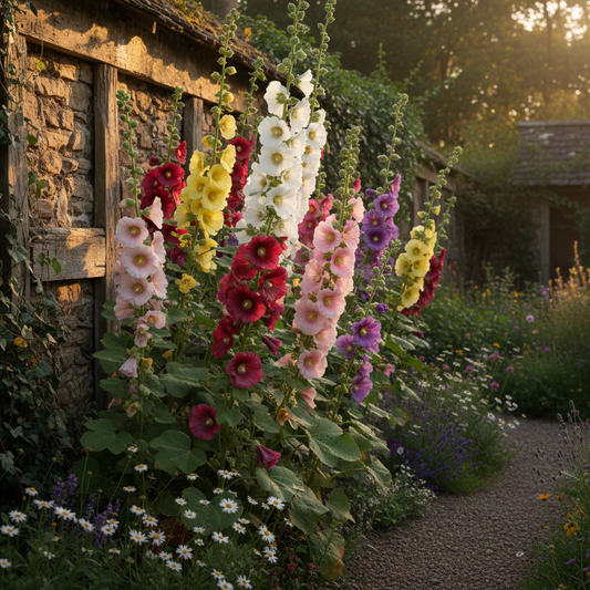 Hollyhock Mixed Color Plant with Tall Bloom Spikes in Cottage Garden