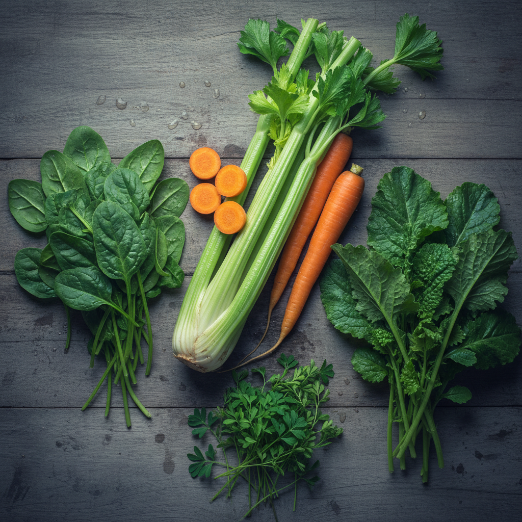 Flat lay of 5 winter vegetables — celery, carrot, spinach, mustard greens and fenugreek methi on rustic wooden surface