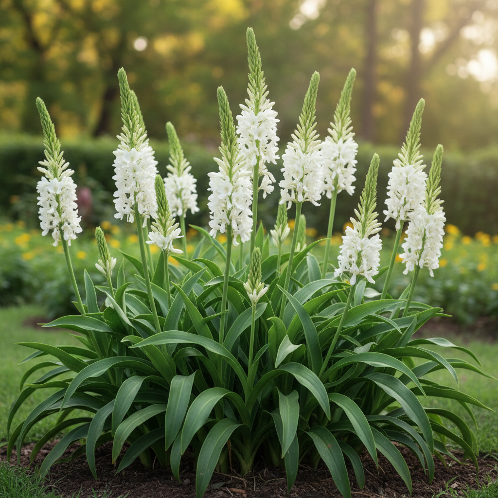 Tuberose Rajni Gandha flowering plant with tall white flower spikes in full bloom