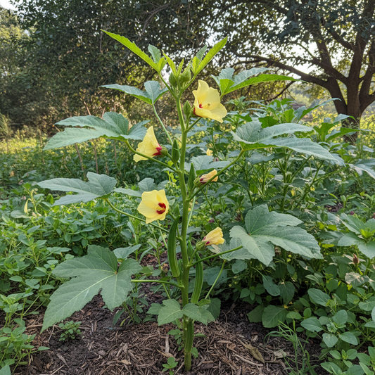 Bhindi Okra plant growing in garden with yellow flowers and pods