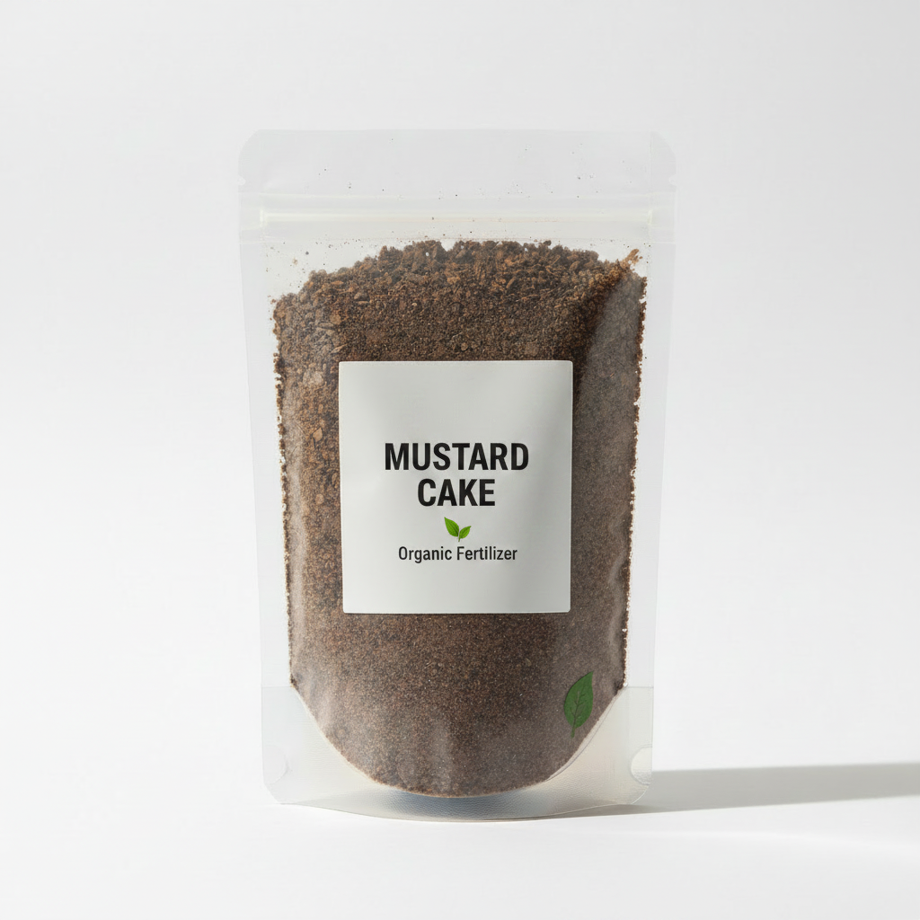 Organic mustard cake powder in transparent resealable pouch