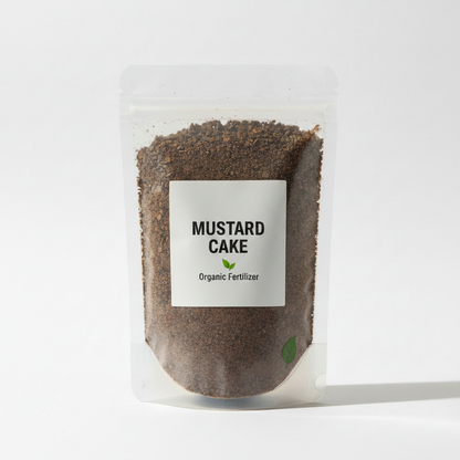 Organic mustard cake powder in transparent resealable pouch