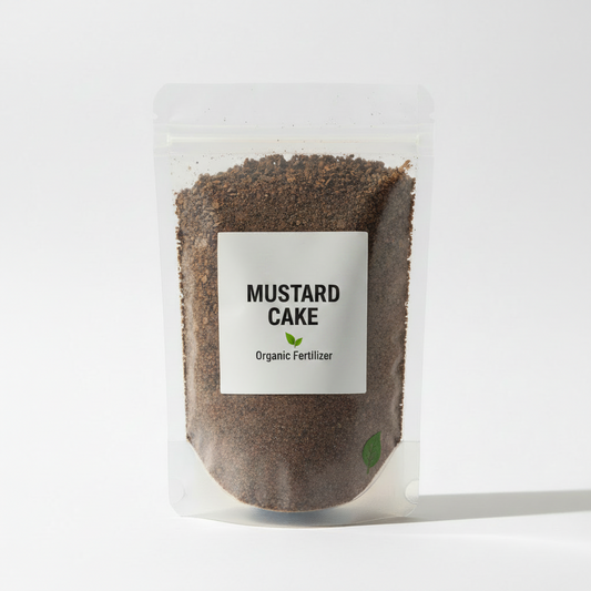 Organic mustard cake powder in transparent resealable pouch