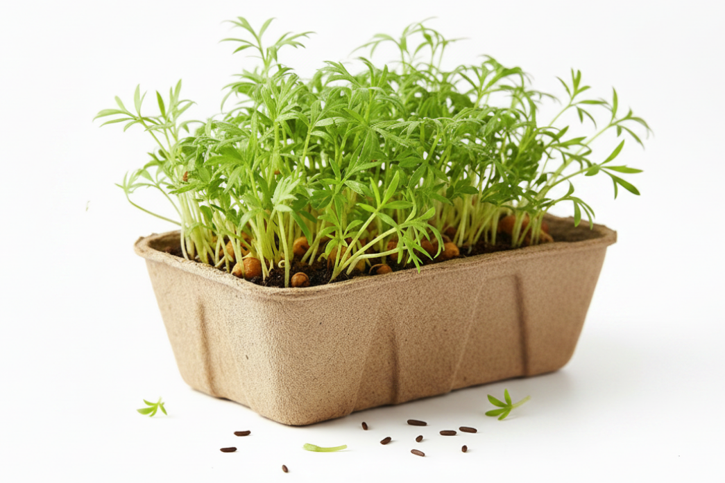 Carrot Microgreens Organic Seeds growing in a tray - fresh feathery green shoots