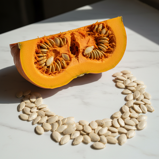 Desi kaddu pumpkin sliced open showing bright orange flesh with seeds scattered on a clean white surface