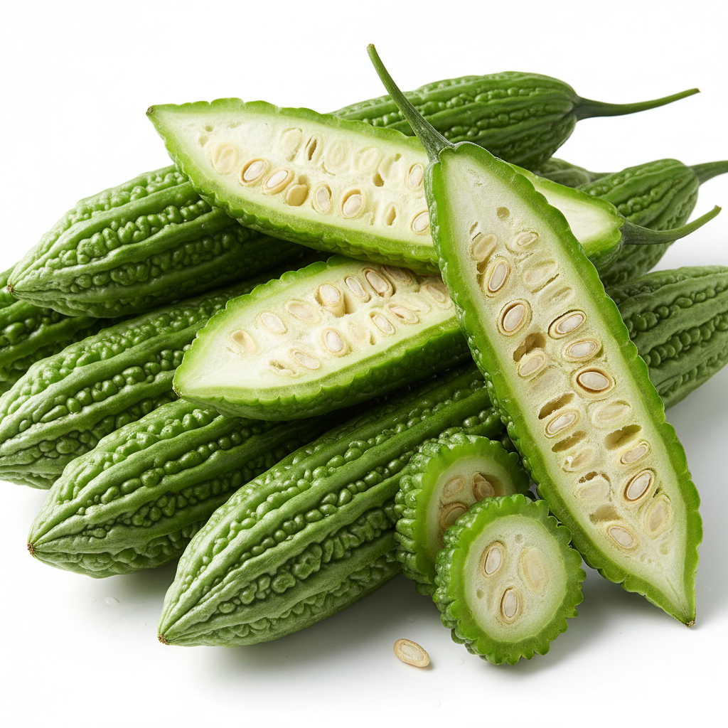 Bittergourd Karela Long fresh green pods on white background