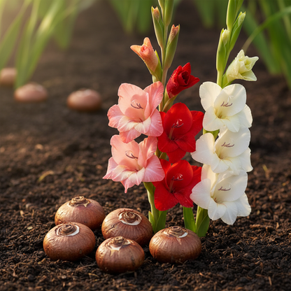 Gladiolus bulbs corms on garden soil alongside fresh pink red and white gladiolus blooms