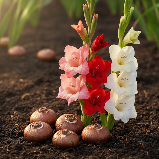 Gladiolus bulbs corms on garden soil alongside fresh pink red and white gladiolus blooms