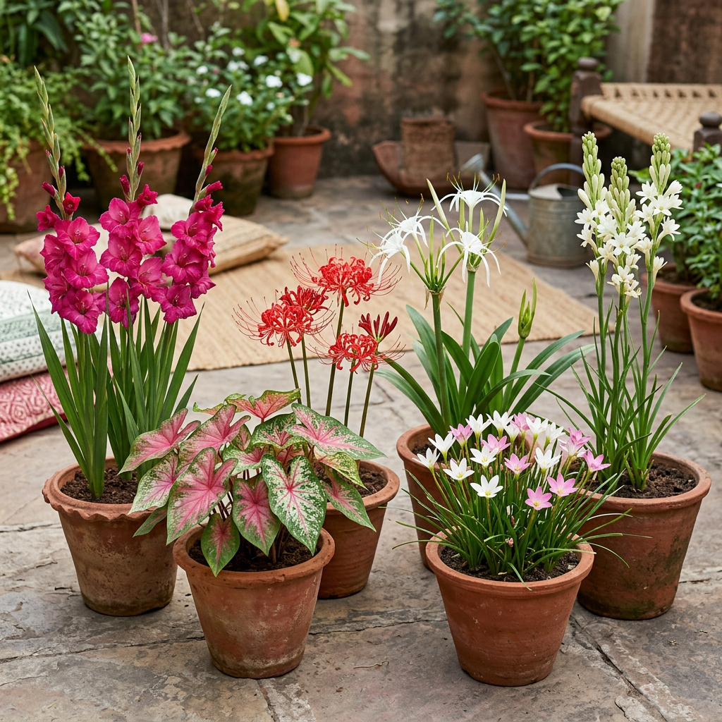 AI-generated illustrative garden display of Gladiolus, Caladium, Lycoris, Spider Lily, Rain Lily and Tuberose.