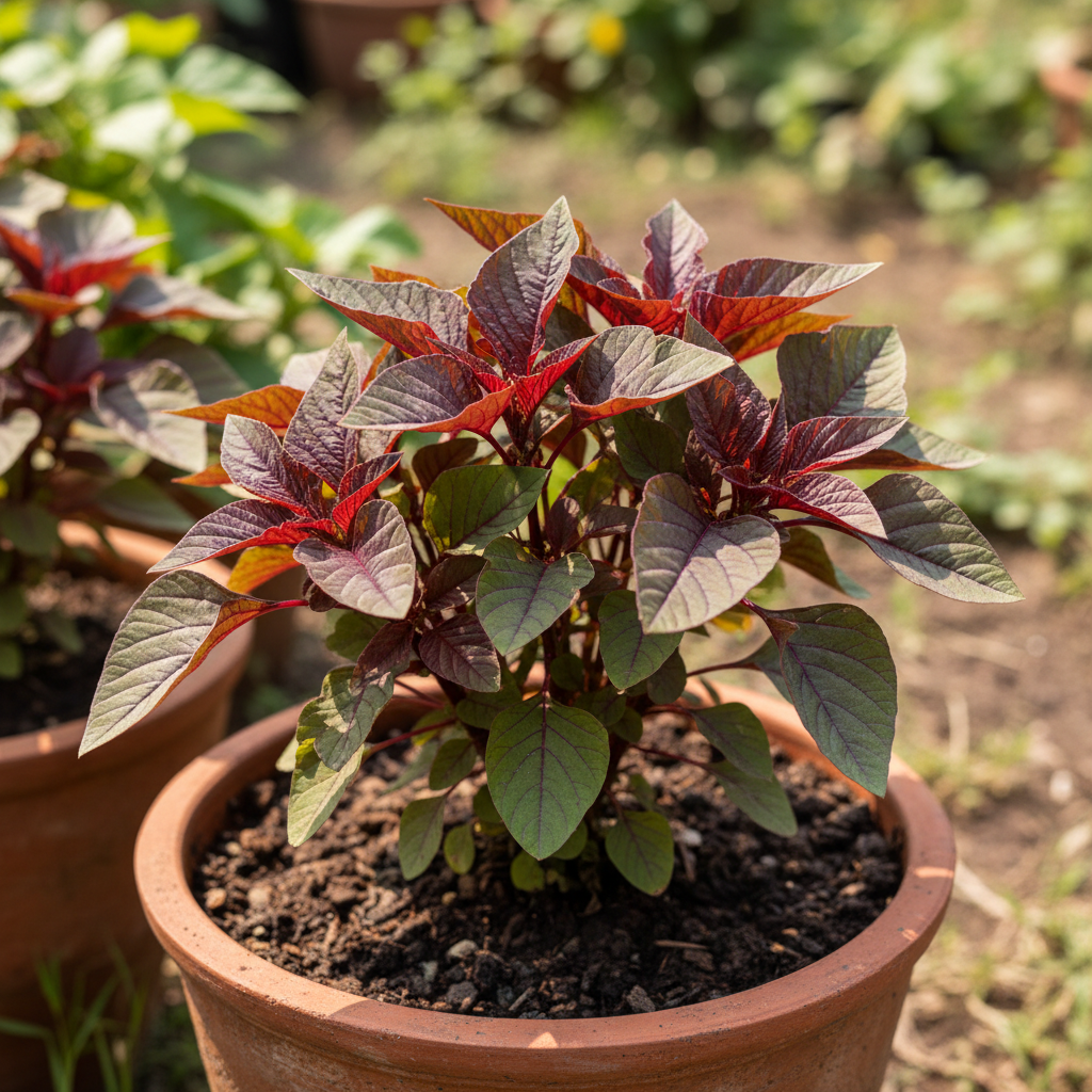 Fresh red amaranth lal saag chaulai plant with deep red and green leaves growing in a pot