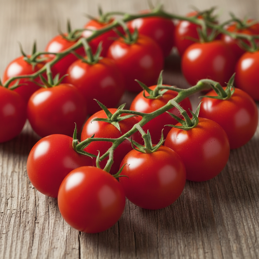Clusters of small round bright red cherry tomatoes on vine on rustic wooden surface