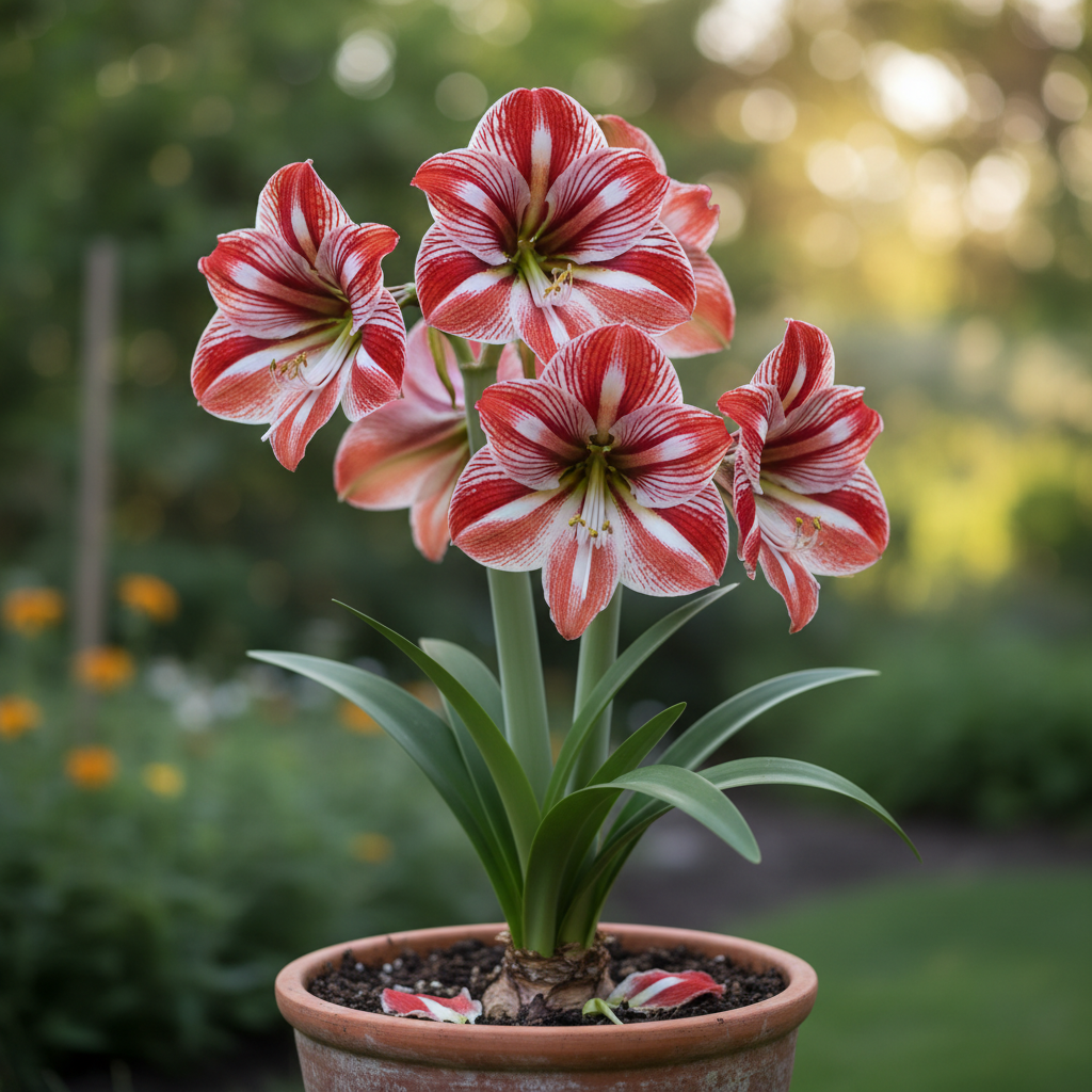 Amaryllis flower plant in full bloom with large dramatic trumpet-shaped red and white flowers