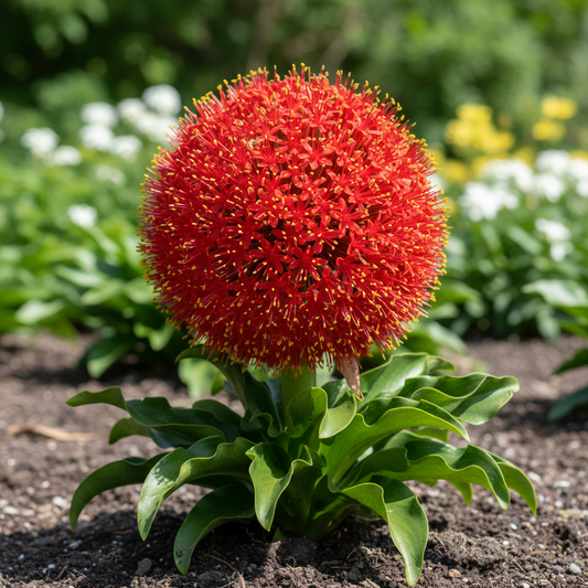Football Lily Haemanthus in full bloom with dramatic red globe-shaped flower head