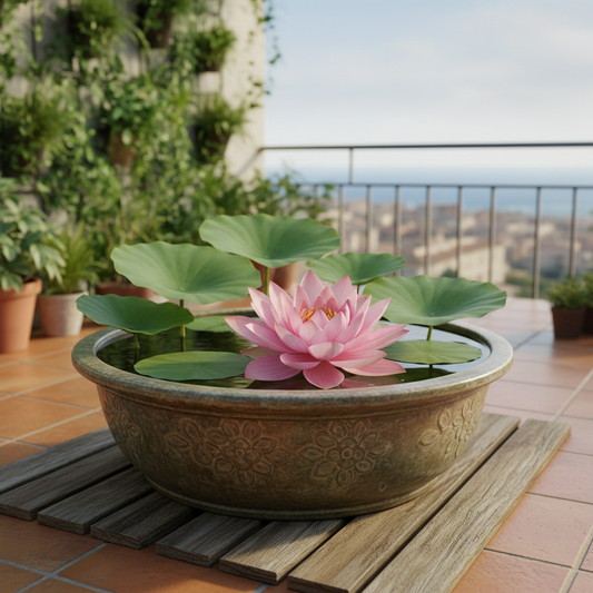 Pink lotus flower blooming in a decorative pot on a home balcony water garden