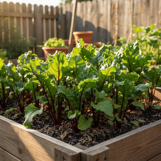 Lush green leafy beetroot tops with deep red stems growing in a raised bed in natural sunlight