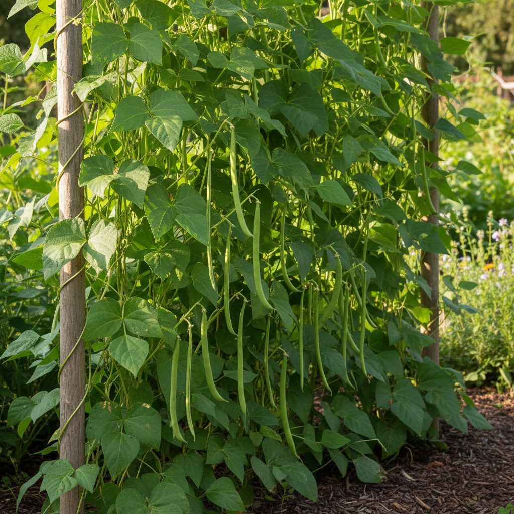 French beans climbing pole variety growing on a trellis in a natural garden setting