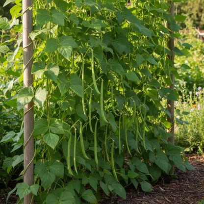 French beans climbing pole variety growing on a trellis in a natural garden setting