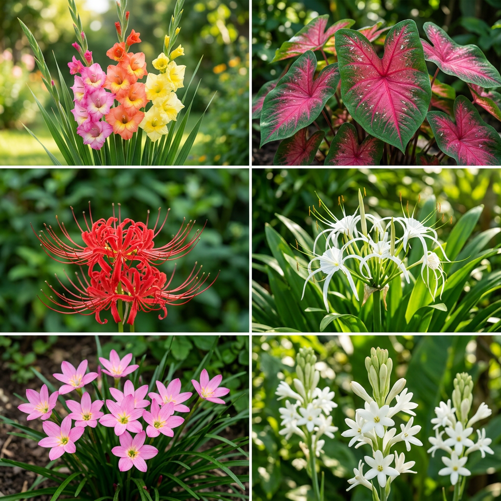 AI-generated illustrative collage of Gladiolus, Caladium foliage, Lycoris, Spider Lily, Rain Lily and Tuberose.