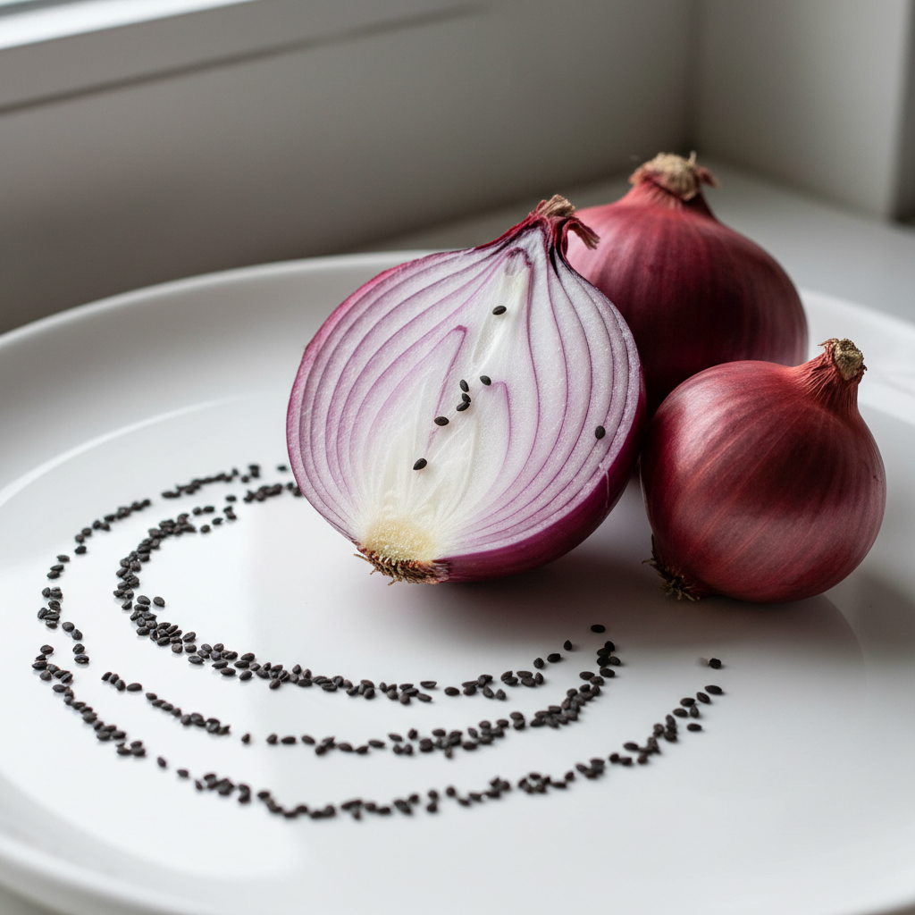 Fresh red onions and seeds on a clean white surface, one sliced showing deep purple-red layers