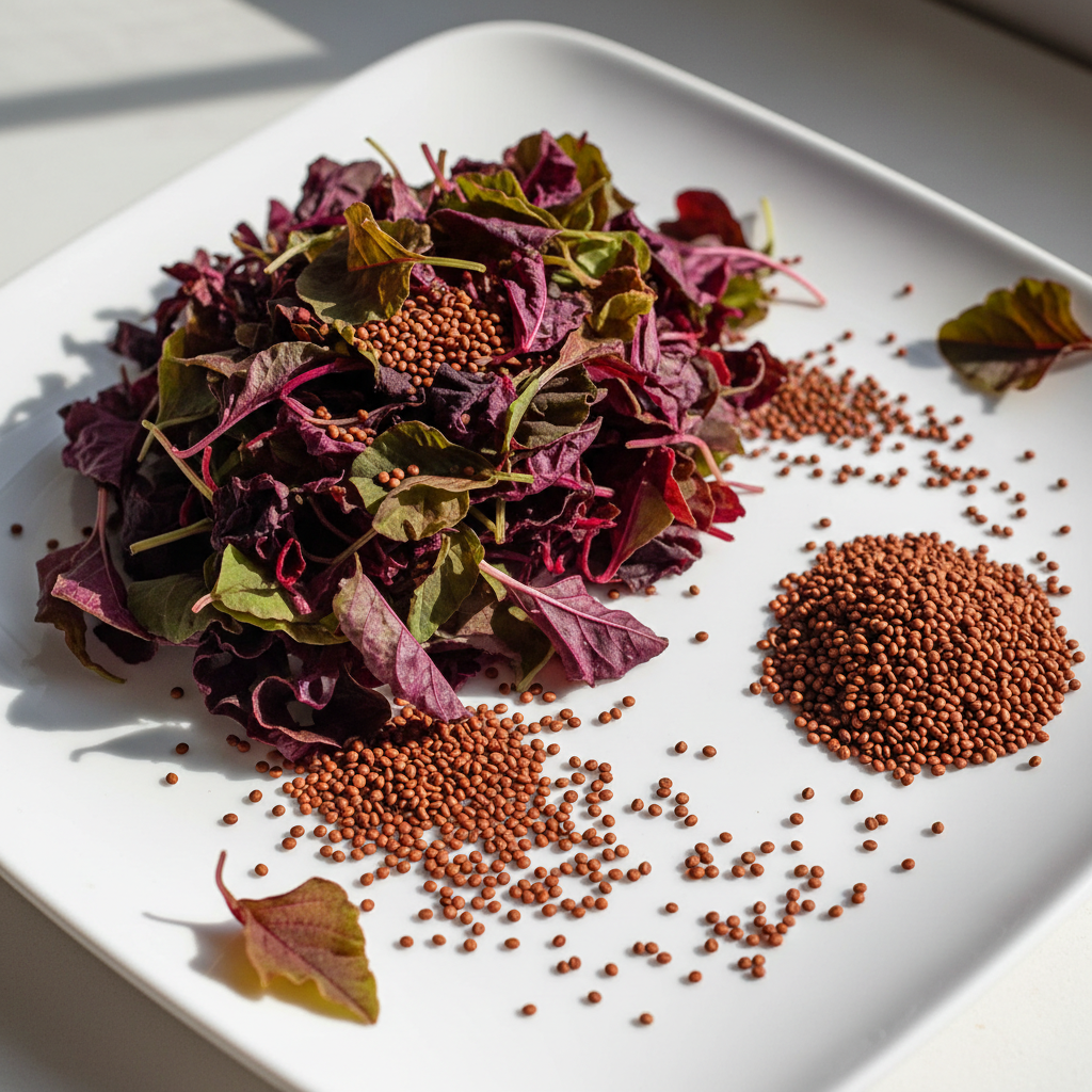 Fresh red amaranth chaulai leaves and seeds arranged on a clean white surface