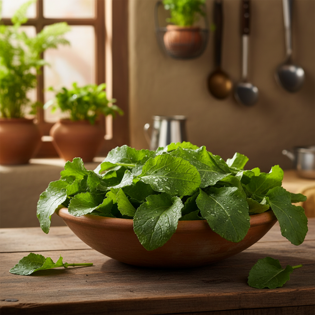 Freshly harvested mustard sarso saag leaves in a rustic clay bowl on wooden surface