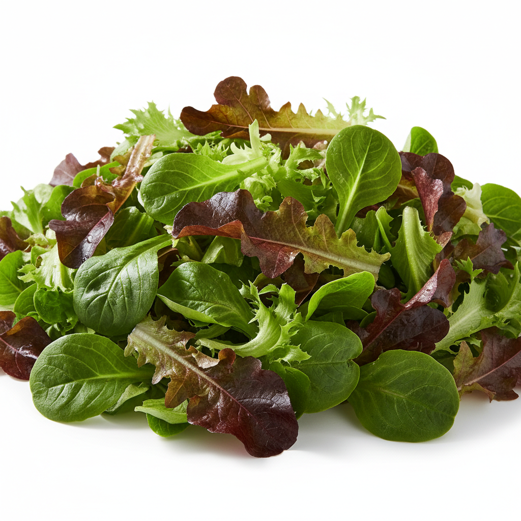 Vibrant mix of fresh green and red lettuce varieties including oak leaf butterhead and romaine leaves on clean white background