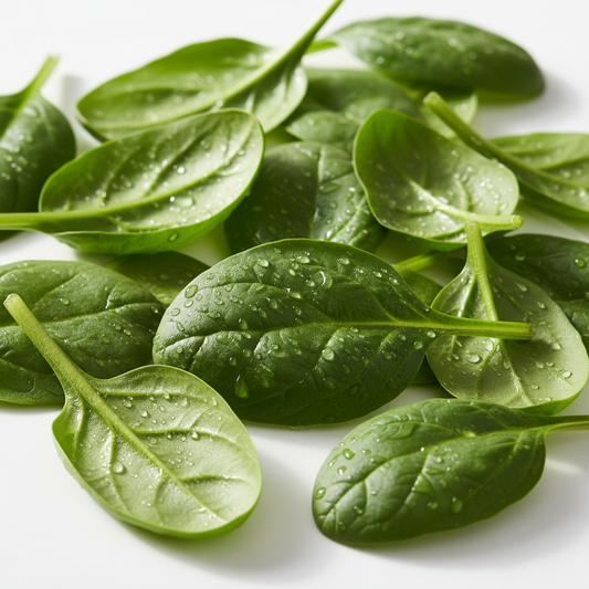 Fresh tender baby spinach leaves in vibrant green with water droplets, close-up product photography