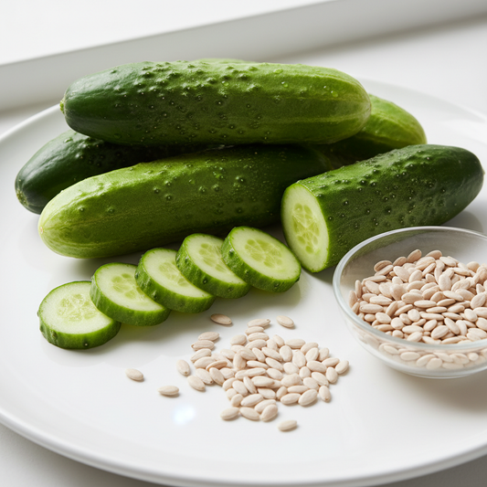 Fresh whole cucumbers and cucumber seeds on a clean white surface