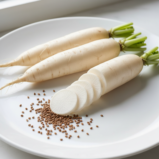 Fresh white long radish mooli and seeds on a clean white surface, one sliced showing crisp white flesh