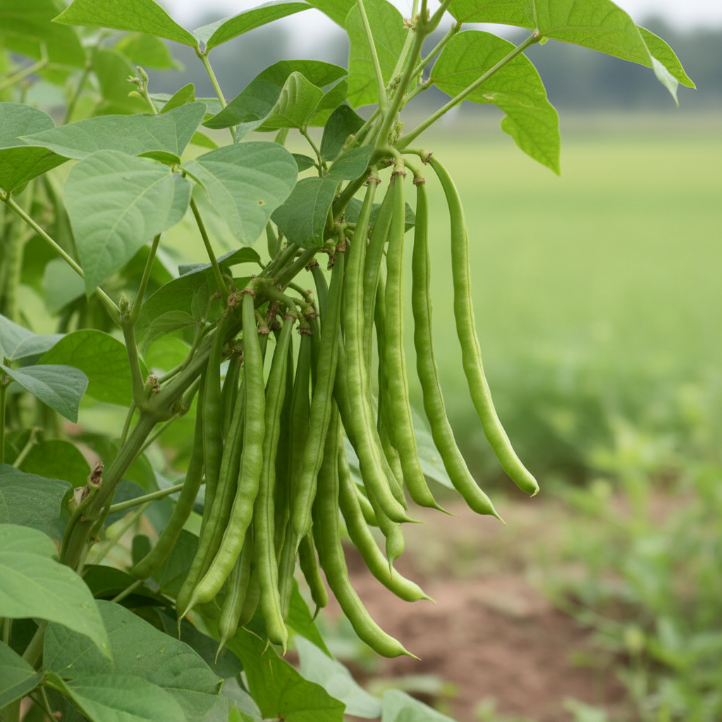 Fresh cluster beans guar phali pods growing on a plant in a natural garden setting