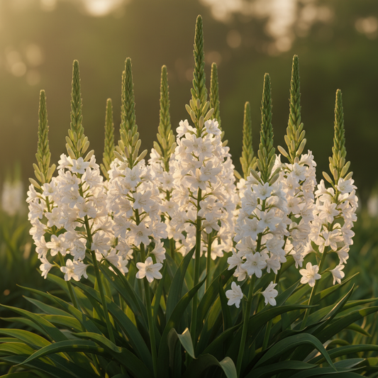 Tuberose Rajnigandha elegant pure white waxy flower spikes glowing in warm golden evening light