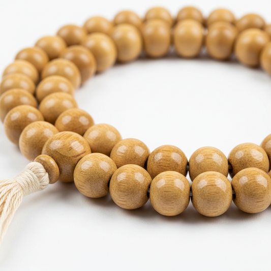 Polished Neem Japa Mala 108 beads - product flat lay on white background