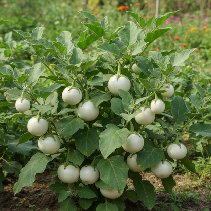 White Round Brinjal plant growing in garden with white fruits