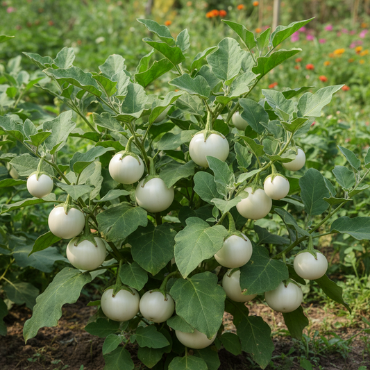 White Round Brinjal plant growing in garden with white fruits