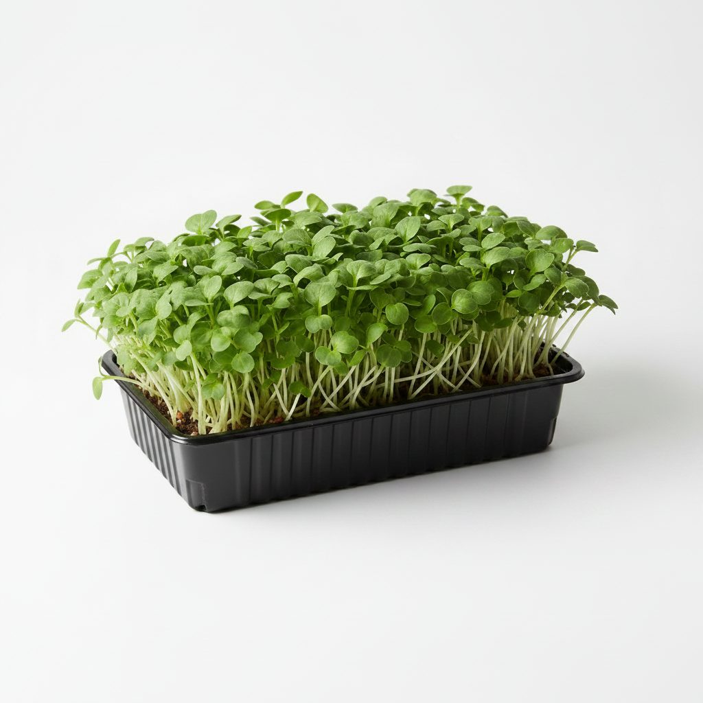 Fresh organic spinach microgreens growing in a tray, round green leaves on slender stems
