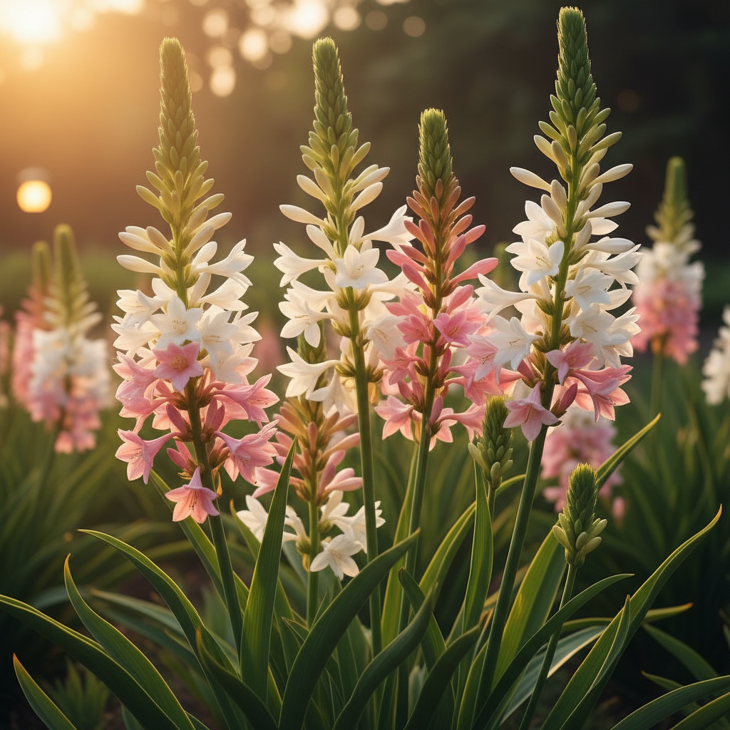 Mix color Tuberose Rajnigandha flower spikes in white, pink and cream glowing in warm golden evening light