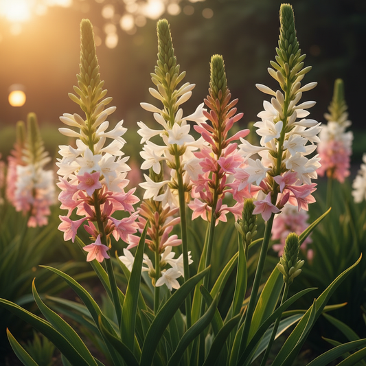Mix color Tuberose Rajnigandha flower spikes in white, pink and cream glowing in warm golden evening light