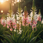 Mix color Tuberose Rajnigandha flower spikes in white, pink and cream glowing in warm golden evening light