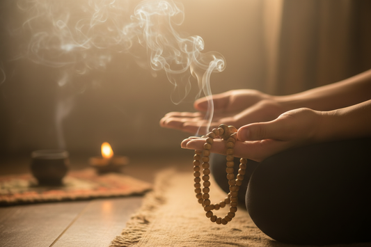 Tulsi Japa Mala draped over hands in meditation pose
