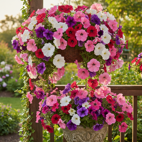 Petunia Grandiflora Mixed Color Plant Cascading from Hanging Basket