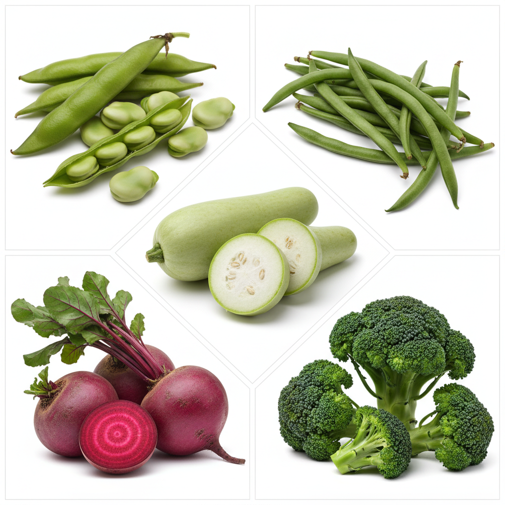 Collage grid of all 5 winter vegetables — fava beans, French beans, bottle gourd, beetroot and broccoli combo pack
