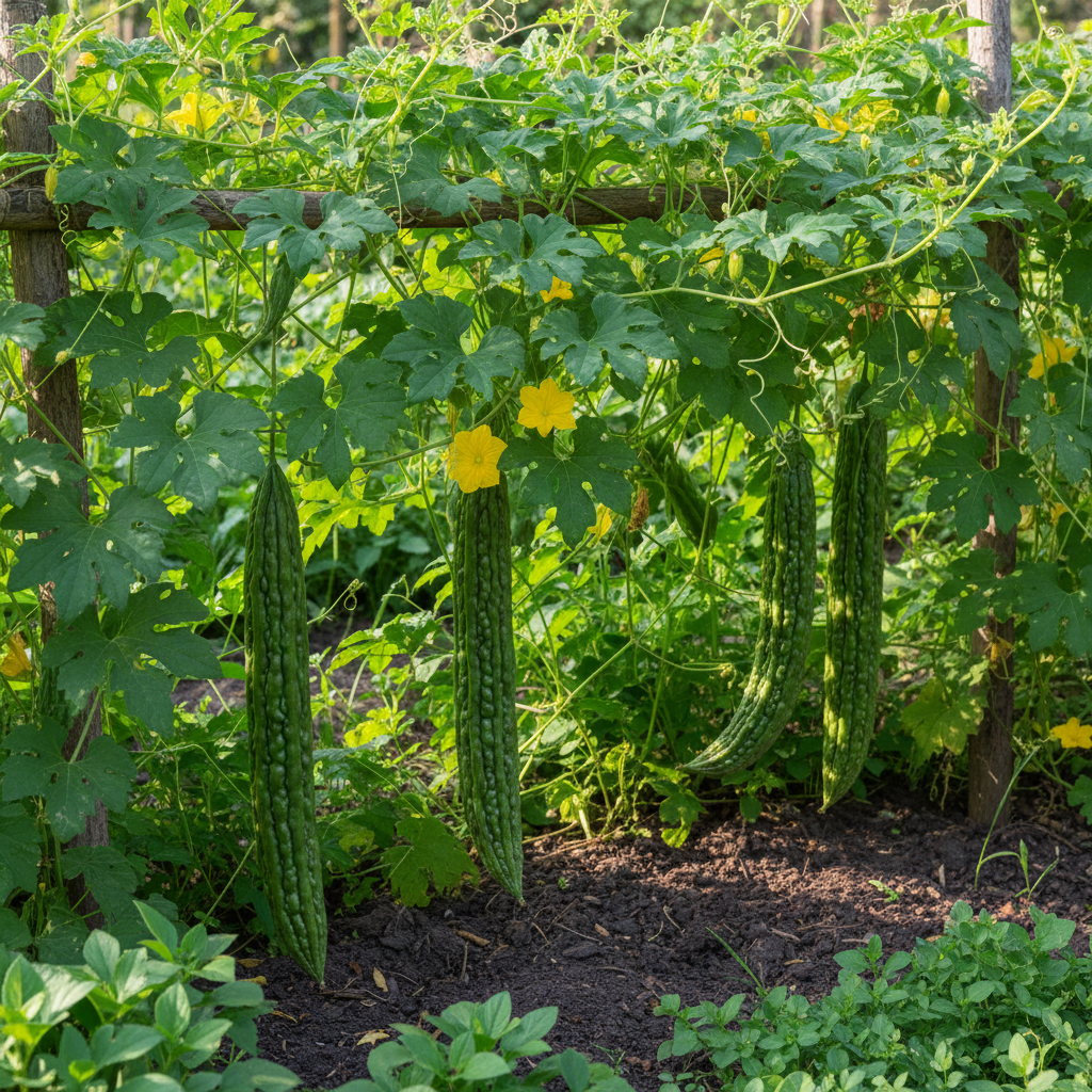 Karela Bitter Gourd plant growing on vine in garden