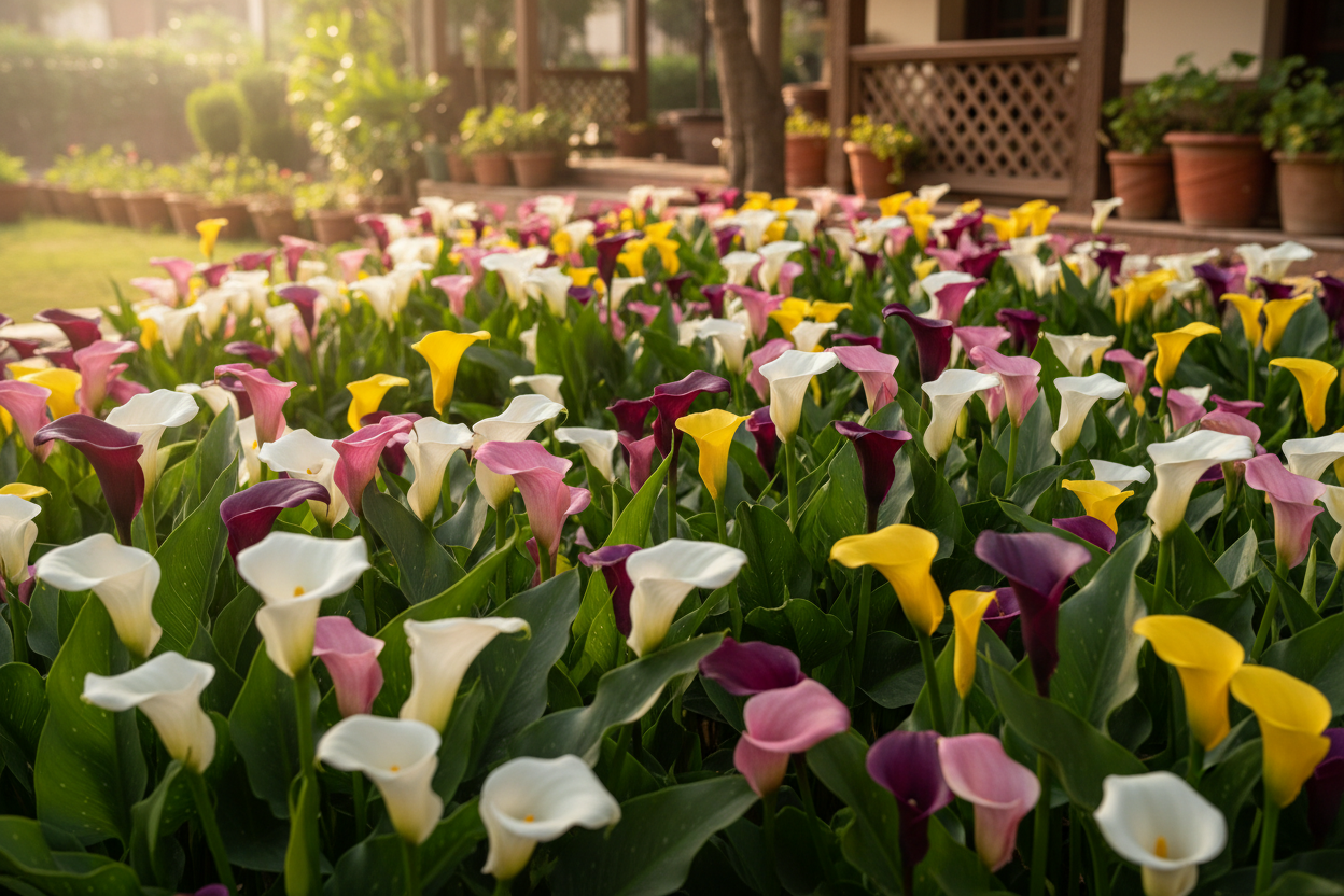Mixed color Calla Lily flowers in bloom - white, pink, purple and yellow