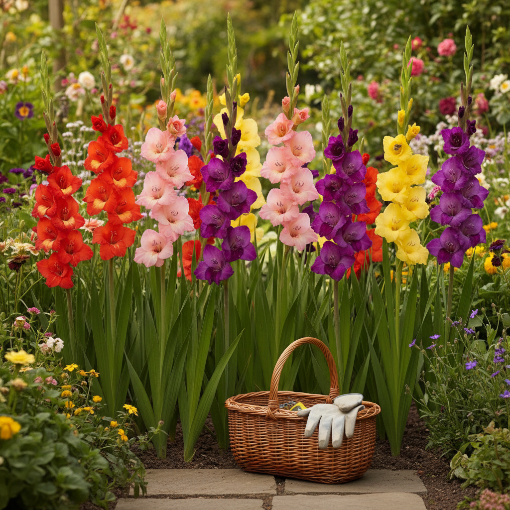 Gladiolus flowers blooming in vibrant mixed colors