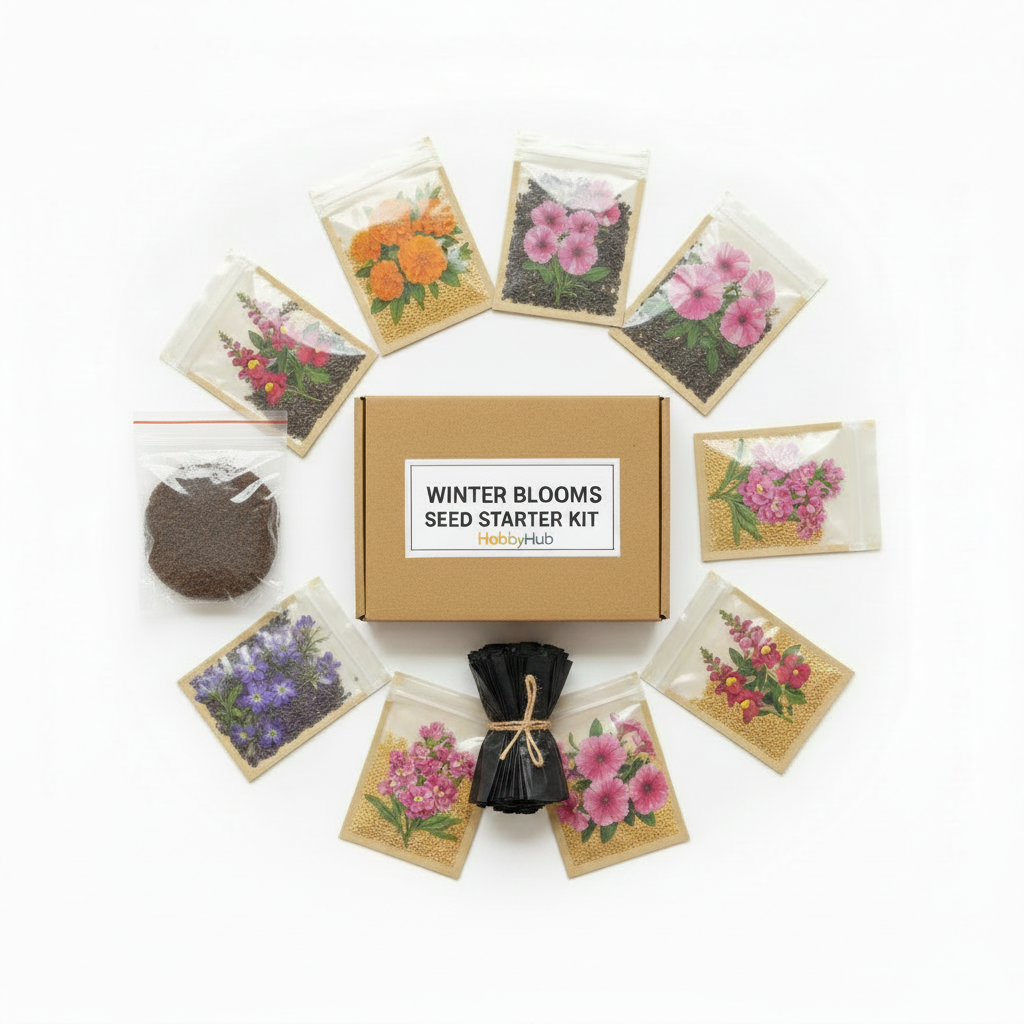 Seeds Starter Kit DIY Box flat lay – 10 winter flower seed packets, coco peat disc and black polybags